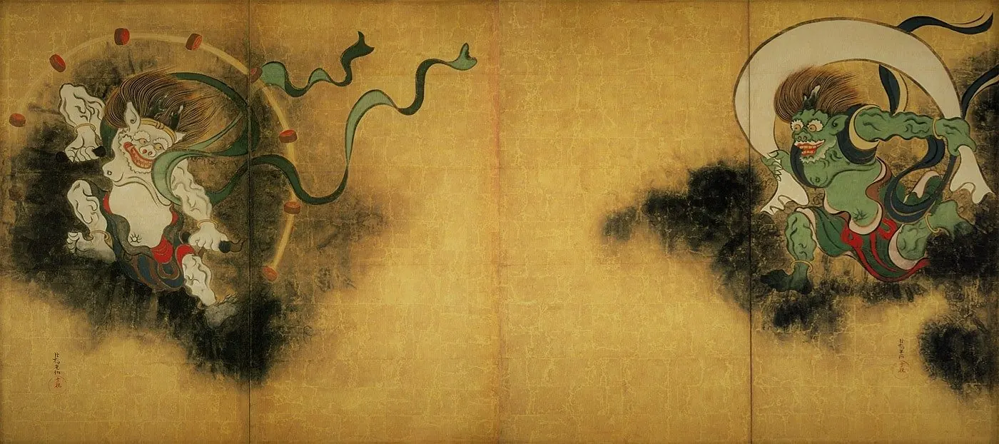 Paravento con Fūjin, dio del vento, e Raijin, dio del tuono circondato dai suoi tamburi